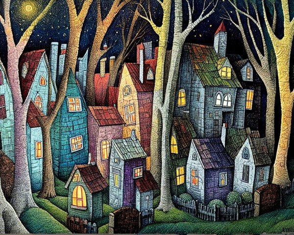 Whimsical Night Scene with Colorful Houses and Stars