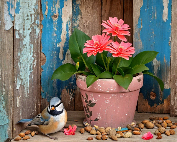 Colorful Bird and Pink Flower Pot in Rustic Setting