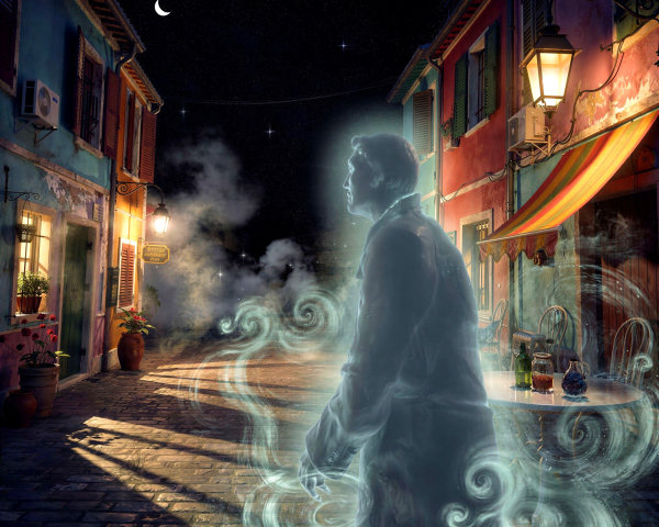 Ghostly Figure on Cobblestone Street at Night