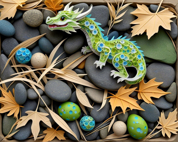 Whimsical Green Dragon in Nature with Colorful Eggs