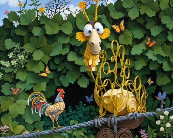 Cartoon Snail Making Pasta with Rooster and Butterflies
