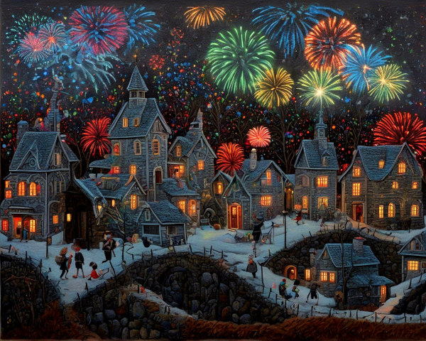 Winter Village Scene with Fireworks and Snowy Path