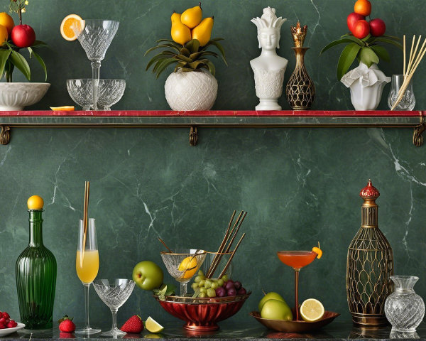 Elegant Glassware and Decor on Green Marble Background