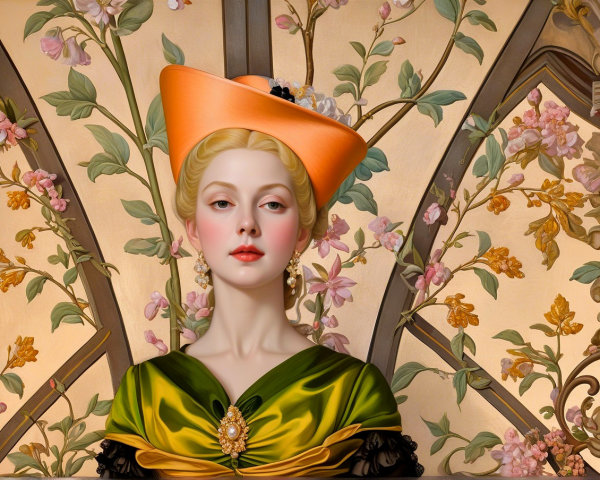 Portrait of a Woman in Green Dress with Orange Hat