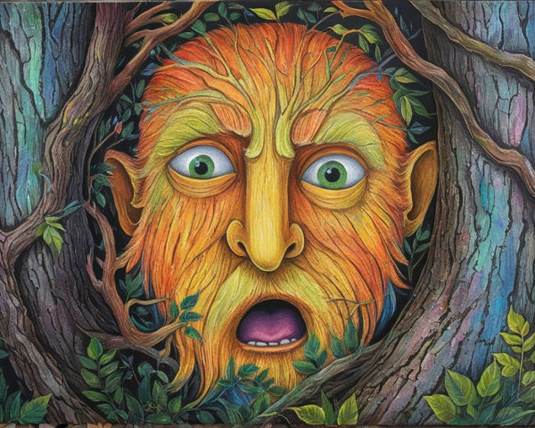 Vivid Face Within Tree Bark and Green Foliage