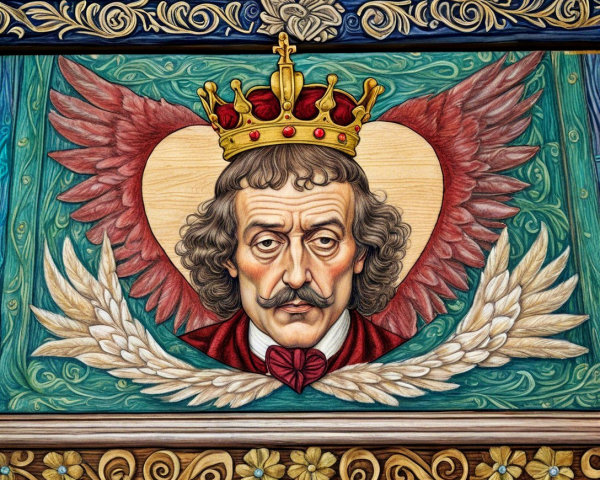 Regal figure with crown and angelic wings design
