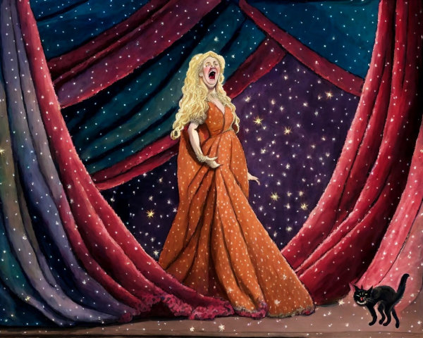 Dramatic Opera Performance with Starry Backdrop and Cat