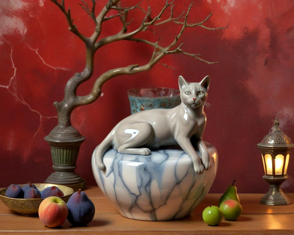 Porcelain Cat Sculpture on Marbled Vase with Fruits