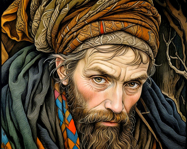 Elderly Man with Weathered Face and Earthy Turban