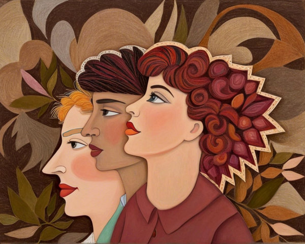 Profiles of Three Women with Colorful Foliage Background