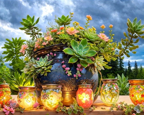 Vibrant Succulents and Flowers in Ornate Pot