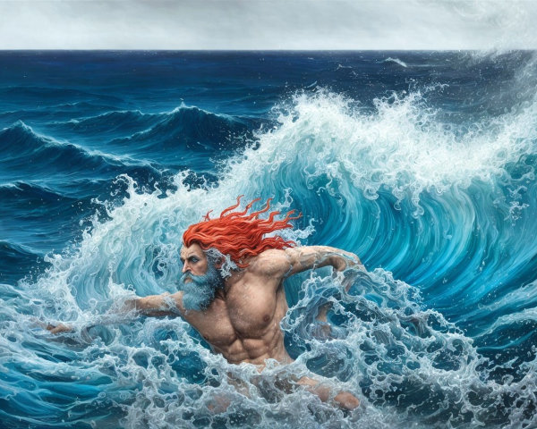 Muscular Figure Rising from Turbulent Ocean Waves