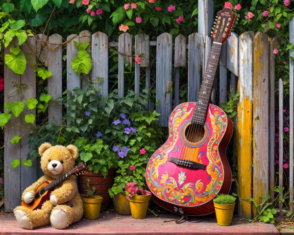 Colorful Acoustic Guitar and Teddy Bear Outdoors