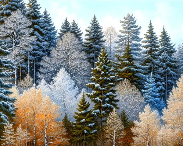 Detailed Winter Forest Painting with Snow-Covered Trees