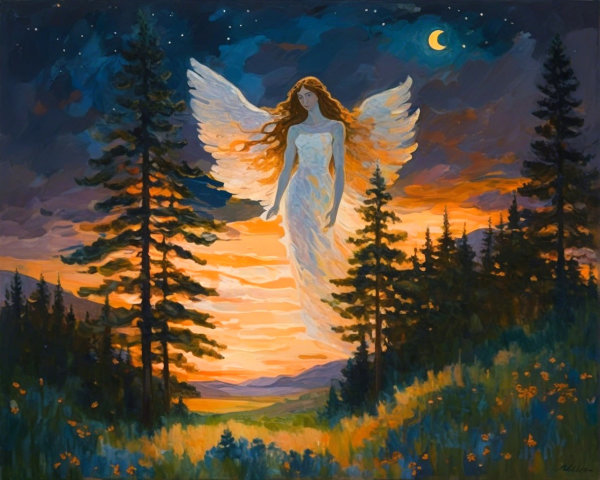 Angel in White Gown Surrounded by Sunset and Forest