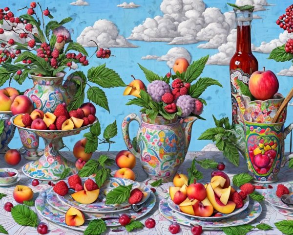 Vibrant Still Life of Colorful Fruits in Decorative Vases