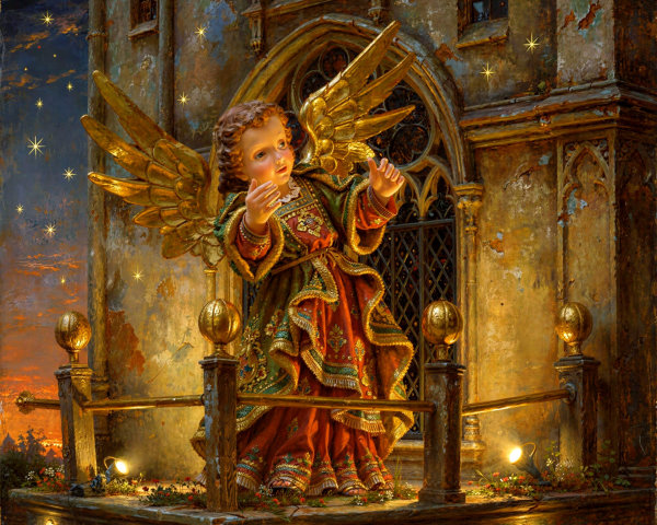 Child Angel with Golden Wings on Ornate Balcony