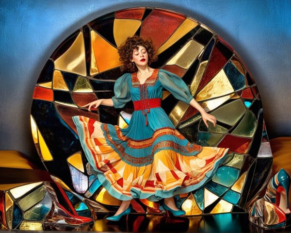 Woman in colorful dress dancing by stained glass