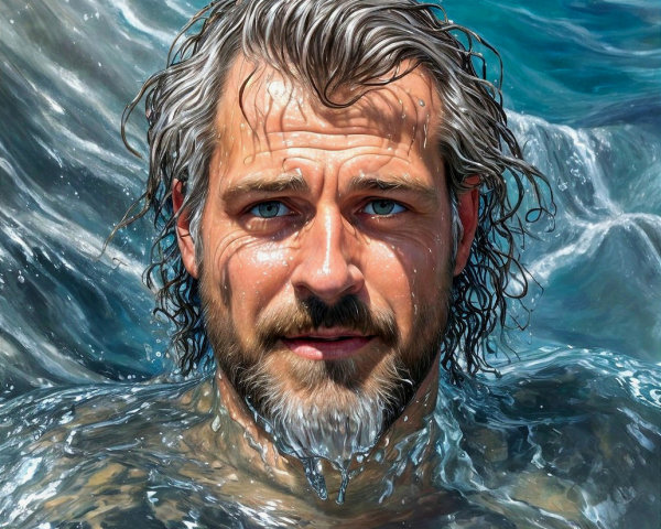 Man with Silver Hair and Blue Eyes in Water Scene