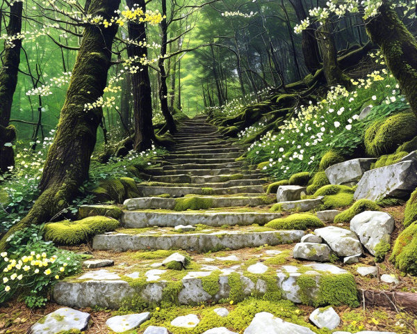 Moss-Covered Stone Steps in a Serene Forest Pathway