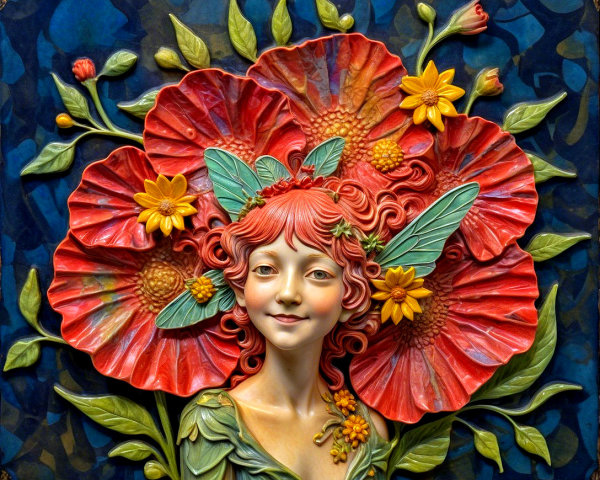 Detailed Relief Sculpture of Woman with Flowers