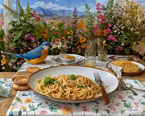 Dining Table with Spaghetti and Colorful Mural