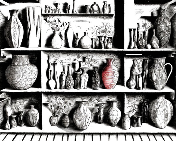 Intricately Designed Vases on a Decorative Shelf