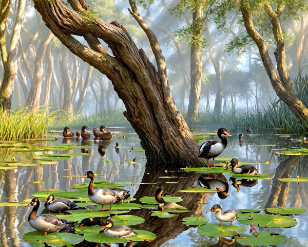 Tranquil Wetland Scene with Ducks and Lush Greenery