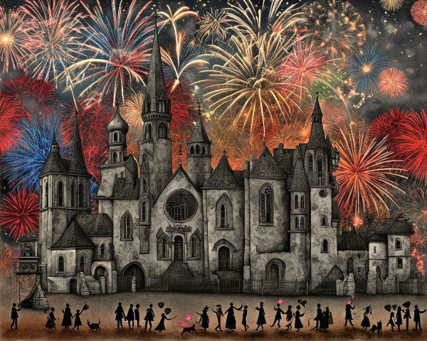 Grayscale Castle Illustration with Colorful Fireworks