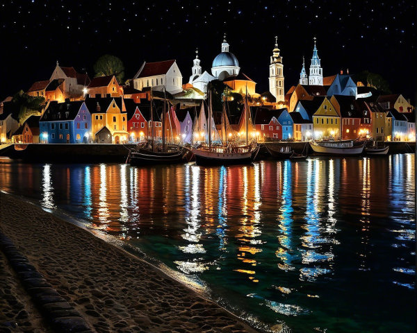 Coastal Town at Night with Colorful Buildings and Stars