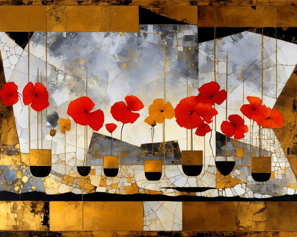 Abstract Painting with Gray, Gold, and Red Flowers