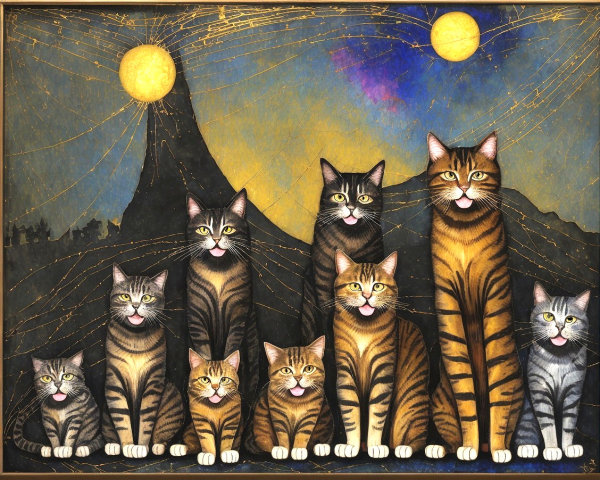 Lineup of Nine Stylized Cats Against Vibrant Sky