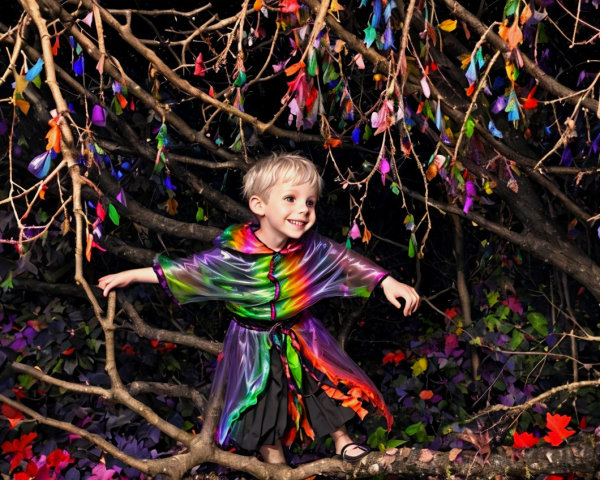 Child on Branch in Colorful, Enchanting Setting