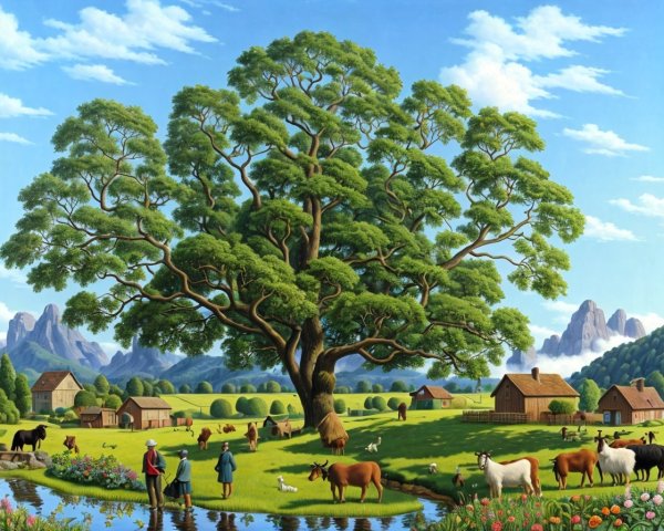 Idyllic Rural Landscape with Animals and Stream
