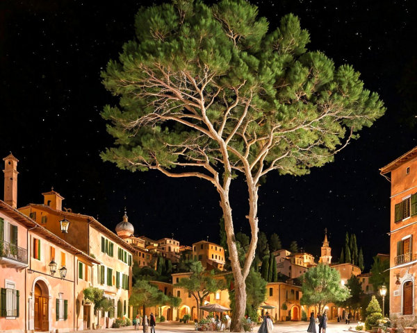 Majestic tree in illuminated square at night