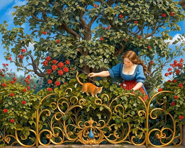 Young woman in blue blouse with playful orange cat