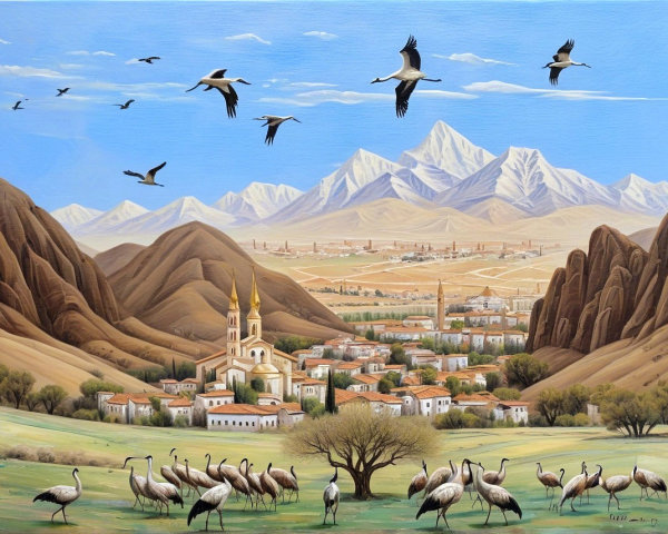 Serene Landscape of Village and Majestic Mountains