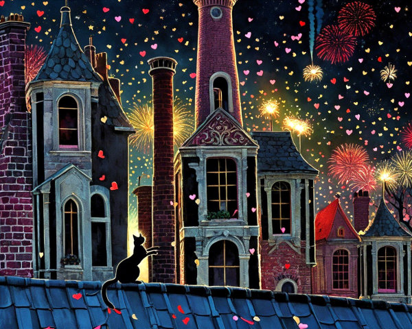 Black Cat Silhouette on Rooftop with Colorful Fireworks