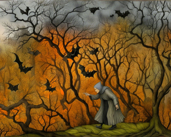 Cloaked Figure in Surreal Forest with Bats and Foliage