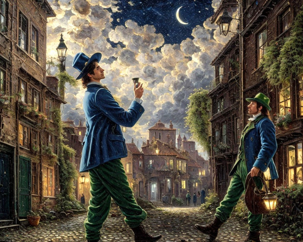 Moonlit Street Scene with Conversing Men in Elegant Attire