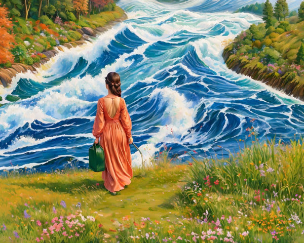 Woman in Orange Dress by Tumultuous River Landscape