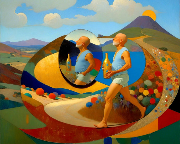 Colorful Landscape with Man Walking by Reflective Water