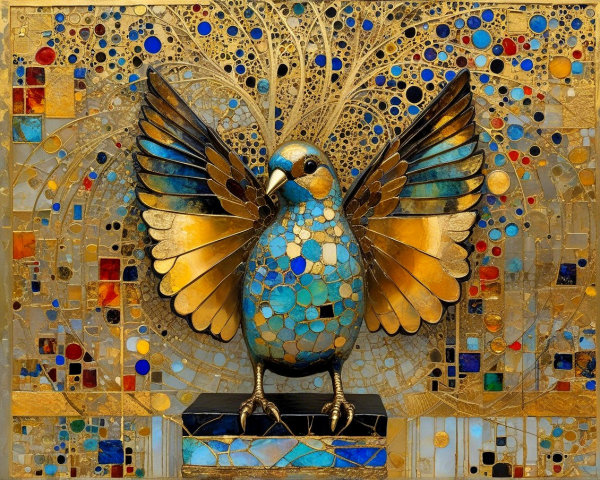Brightly Colored Bird Sculpture with Mosaic Background