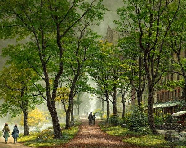 Serene Pathway Surrounded by Green Trees and Café