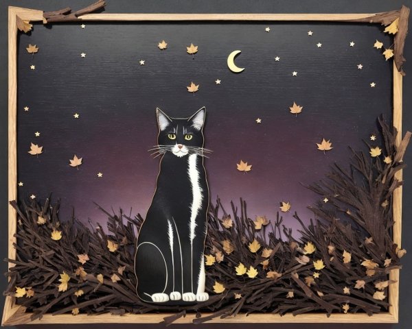 Black and white cat with stars and crescent moon backdrop