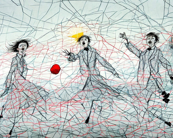 Vibrant Illustration of Figures in Motion and Chaos