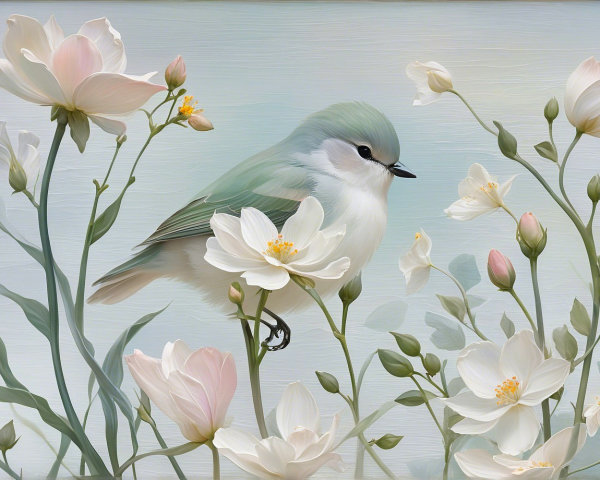 Pastel Blue Bird Among Blossoms in Digital Painting