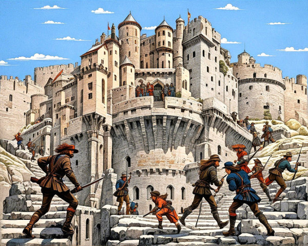 Medieval Fortress Scene with Soldiers and Turrets