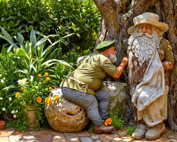 Whimsical Garden Scene with Man and Statue Interaction