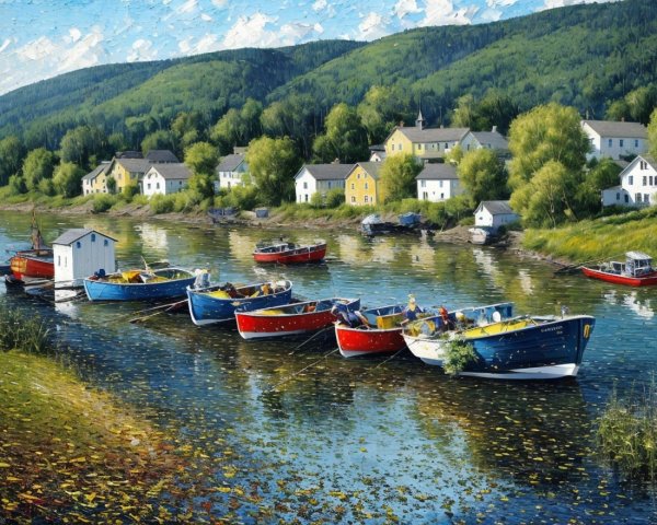 Serene Riverside Scene with Colorful Boats and Hills